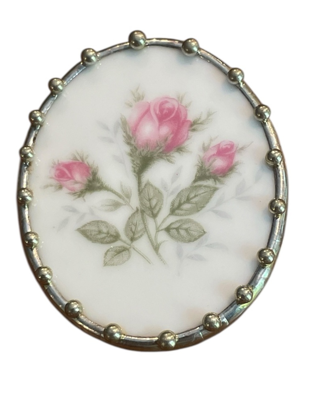 Vintage Linda Carrigan Broken China Pendant Brooch Pin Silvertone Frame 90s